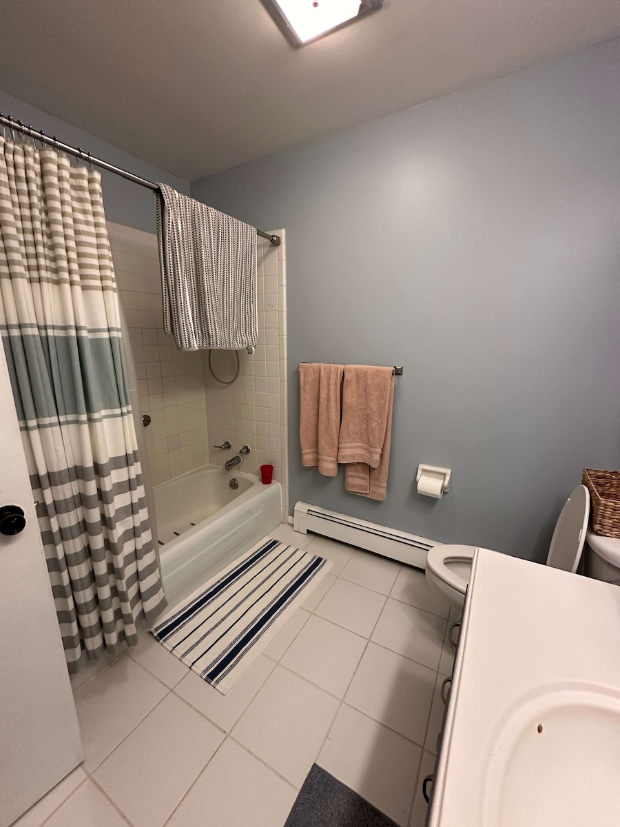 The bathroom before renovation. Old sink, toilet, plain white tile with blue walls and blush towels. Old cast iron tub and shower with square white tiles and a gray and white striped shower curtain. Striped rugs on the floor. 