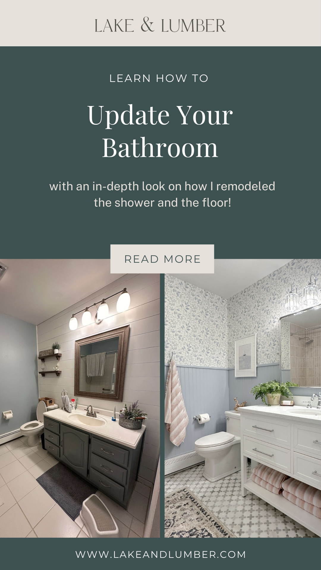 Pinterest Pin: Learn how to update your bathroom in this DIY bathroom renovation. Pictures of the bathroom before and after the renovation, side by side. 