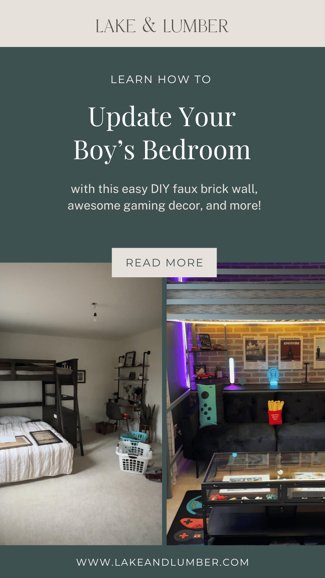 Before and after of a boy's bedroom makeover.