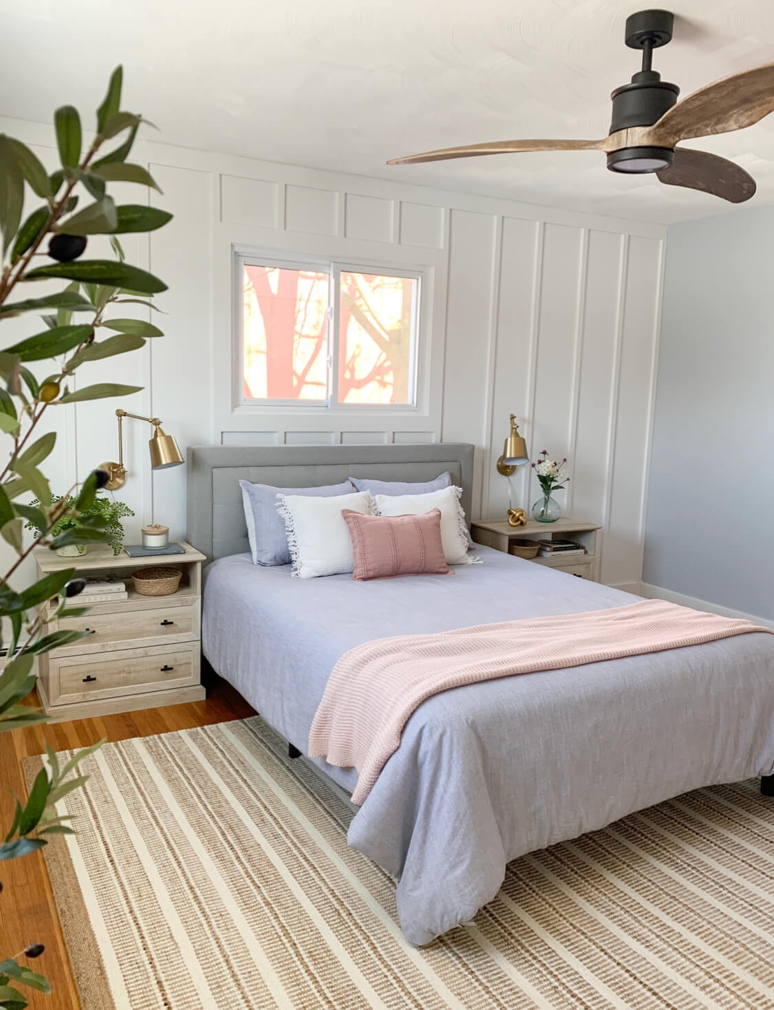 MDF boards attached to a wall to create an accent wall in a bedroom.