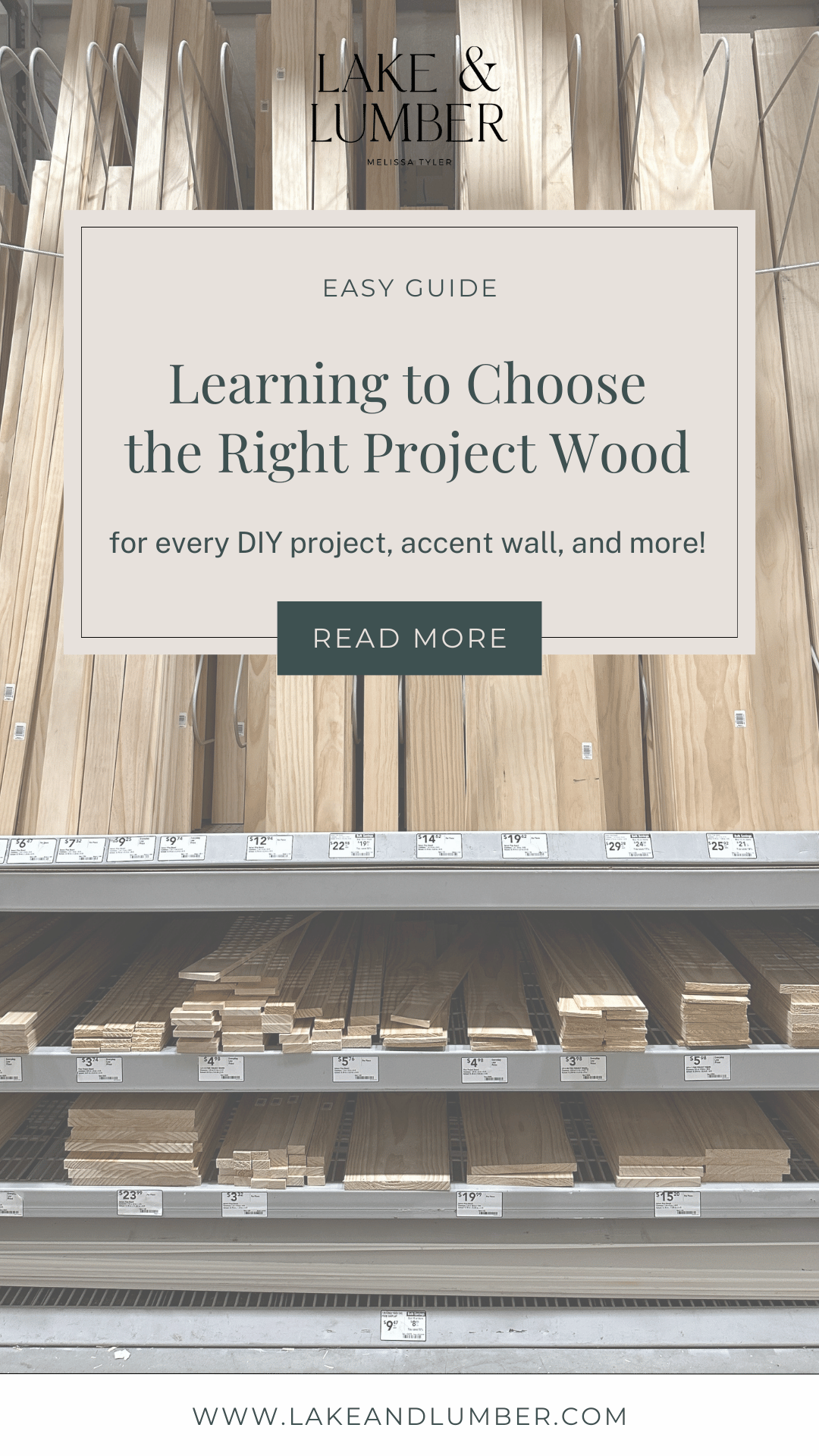 Rows of lumber at a hardware store with text overlay - Learning to Choose the Right Project Wood.