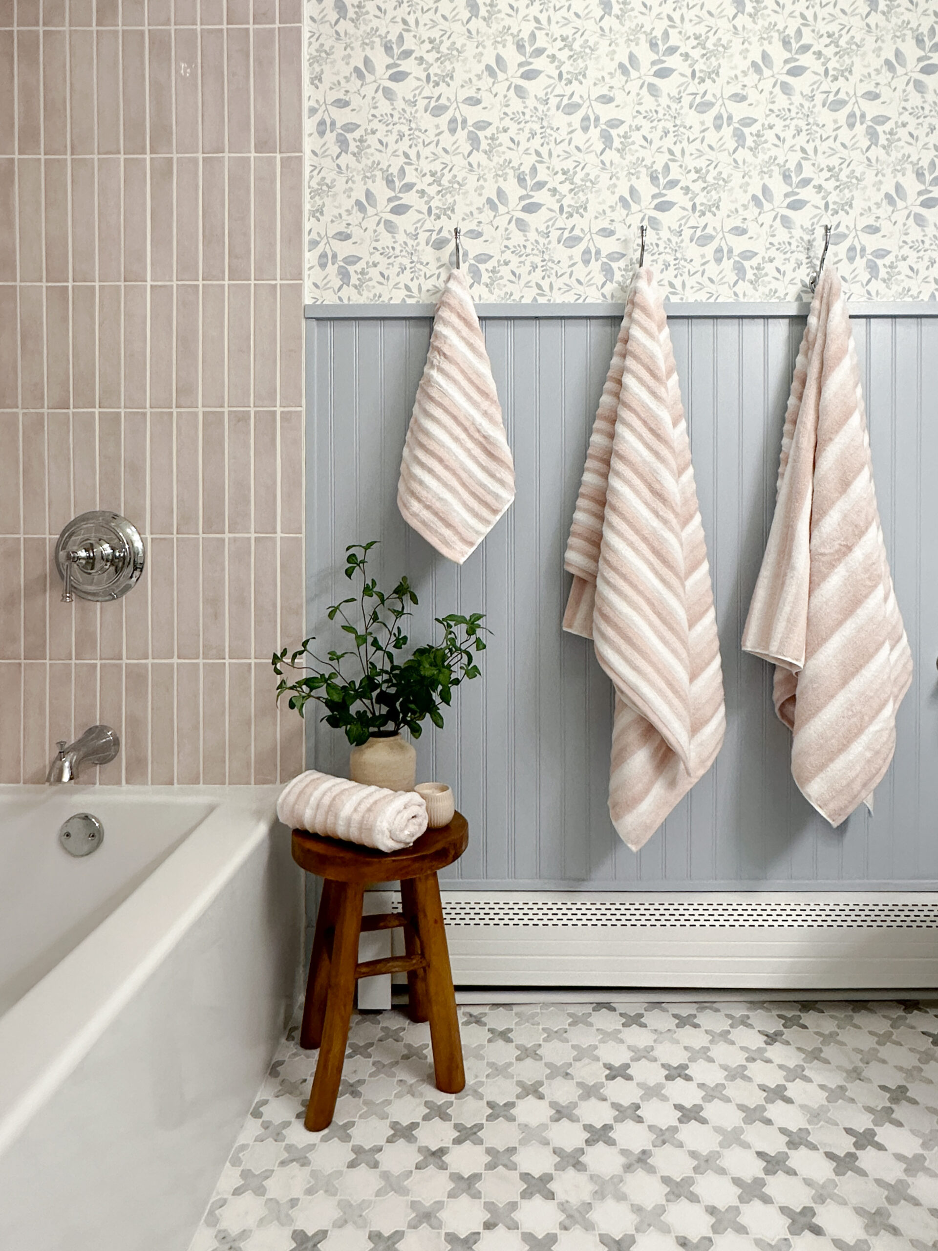 Blue-painted beadboard installed in a bathroom.