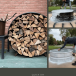 Collage of Melissa Tyler creating a firewood rack.