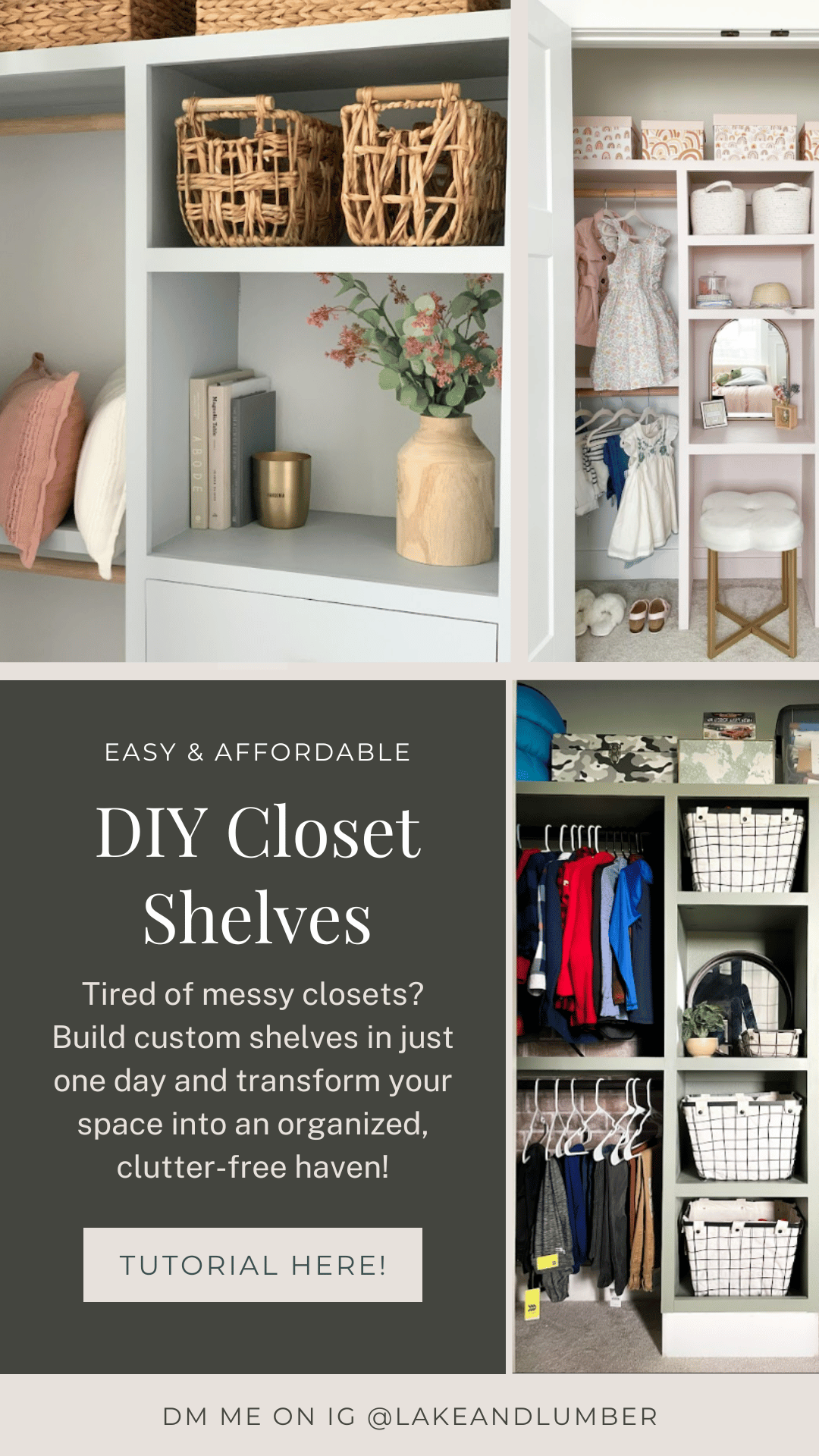 Collage of different DIY closet shelves.