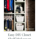 Closet with faux brick wall, shelves with baskets, and hanging clothes.