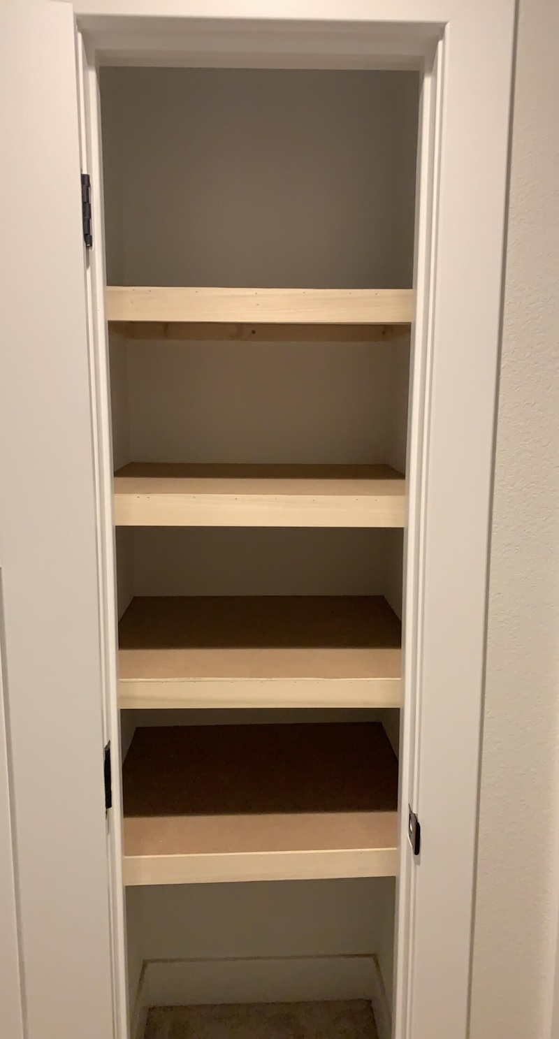 Almost finished closet shelves in the linen closet. 