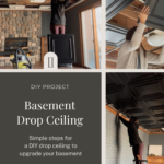 Collage showing the steps to install basement drop ceiling tiles.