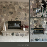 Picture collage showing different steps in over grouting a stone fireplace.