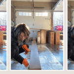 Melissa Tyler staining a wood mantel.