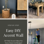 Collage showing steps to building a DIY accent wall.